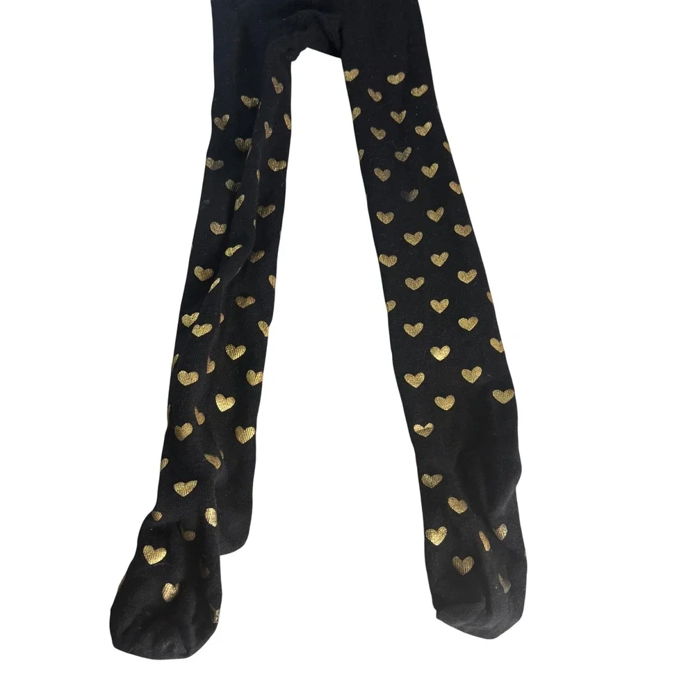 Kids Footed Tights Girls L 12-16 Black Gold Hearts Foil Footed‎ Sparkle Dance